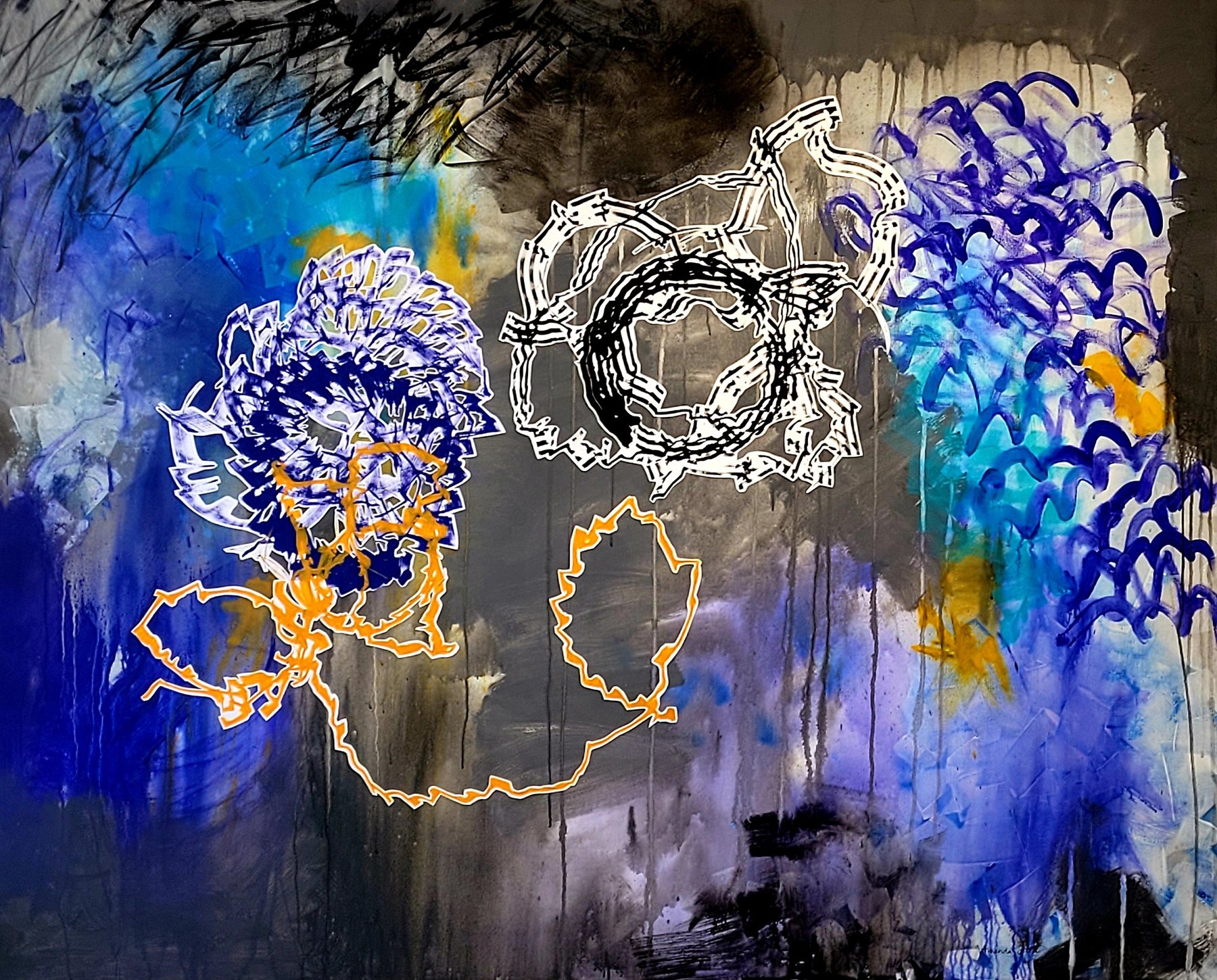 Abstract painting: violet, white and orange robot-drawn line forms over dripping blue, gray and black grounds