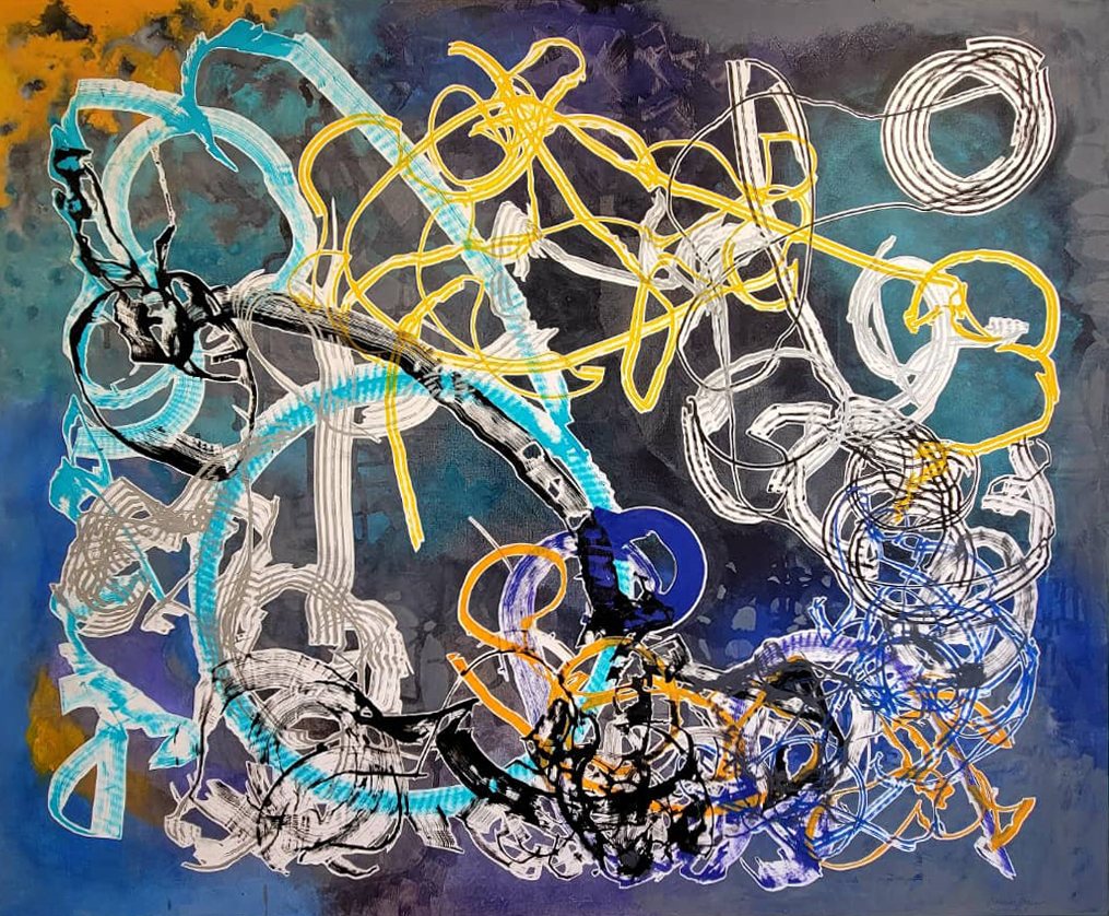 Abstract painting: dense looping yellow, cyan, white and black robot-drawn strokes over deep blue and teal