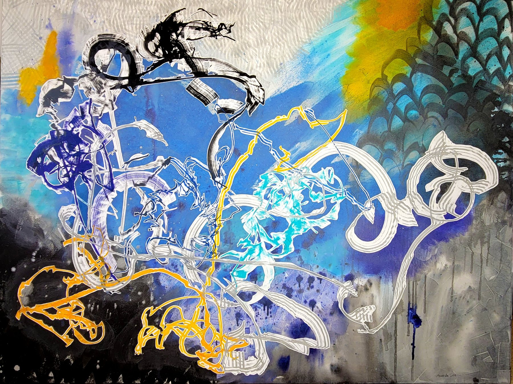 Abstract painting: white, black, gold and turquoise robot-drawn gestures over bright blue with a scalloped pattern at right